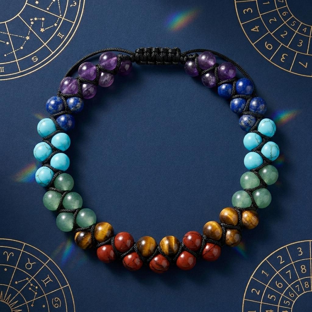 7 Chakra double beaded bracelet on a dark blue background with astrological symbols.