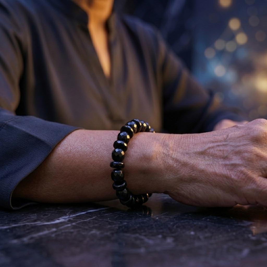 Person wearing a Karungali bracelet on a dark surface with a blurred background