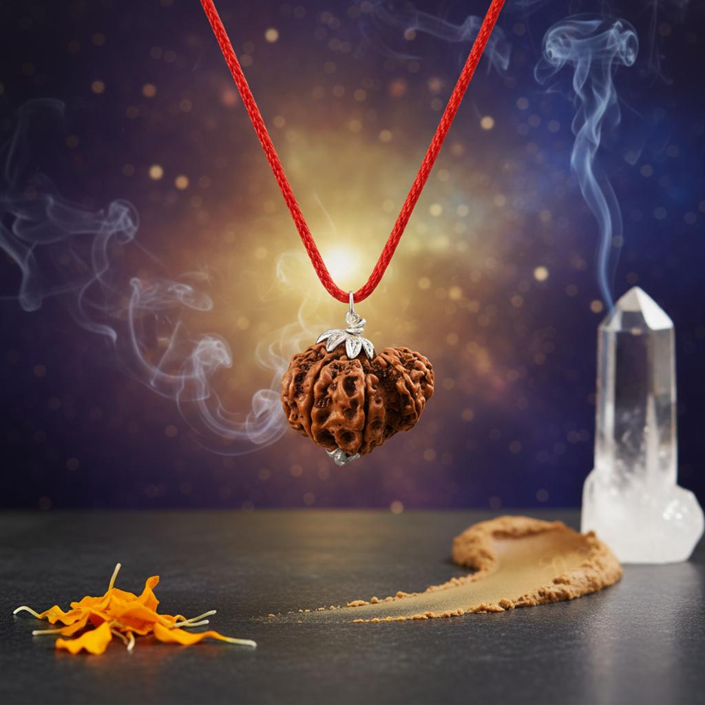 Rudraksha pendant on a red string with smoke and a crystal on a dark background