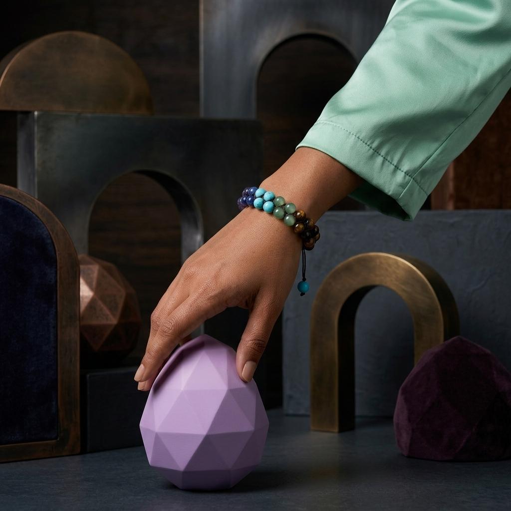 Hand holding a purple geometric object and wearing 7 chakra bracelet