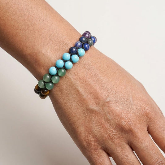 7 Chakra bracelet on a wrist against a neutral background