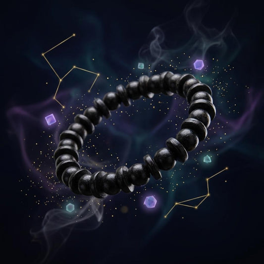 Karungali bracelet on a cosmic background with stars and constellations.