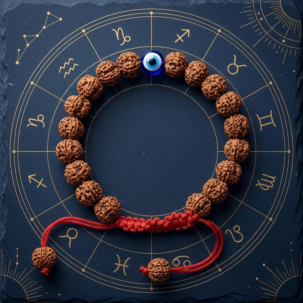 5 Mukhi Rudraksh Bracelet with a blue evil eye charm on a dark background with astrological symbols.