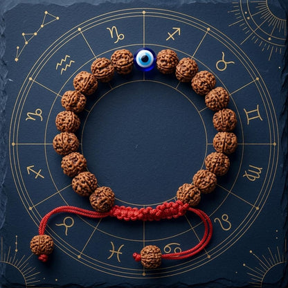 5 Mukhi Rudraksh Bracelet with a blue evil eye charm on a dark background with astrological symbols.