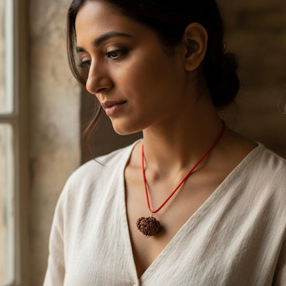 Woman wearing a white top and red necklace with a pendant, standing indoors.