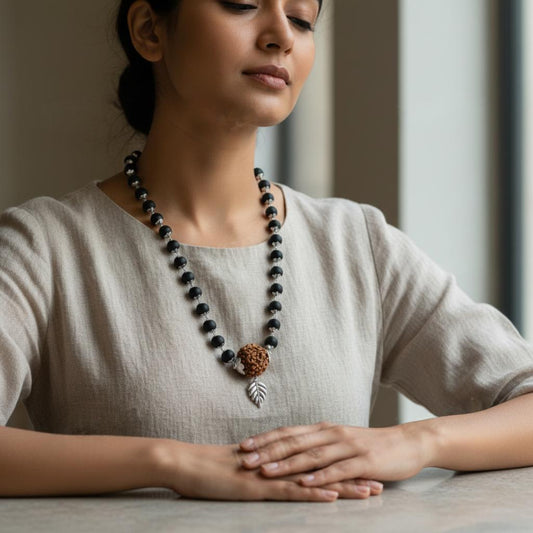 Woman wearing a black beaded necklace with a leaf pendant, sitting with hands on a table.